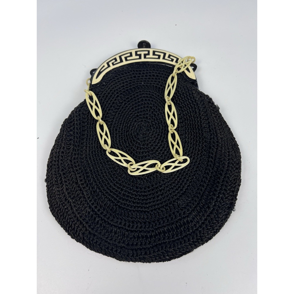 Vintage 1920s 1930s Art Deco Celluloid Greek Key Crochet Pouch Bag Plastic Chain